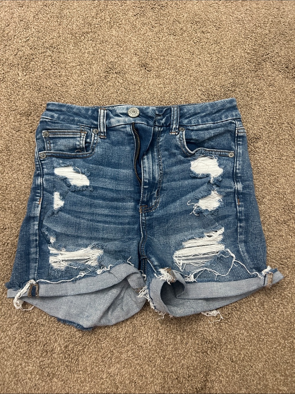American Eagle Denim Distressed Rolled-Hem Shorts - Blue